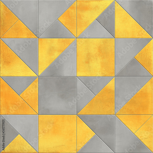 Digital wall tile design for washroom and kitchen. Gray and yellow cement triangles and squares.