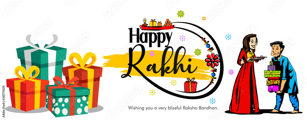 illustration of greeting card, sale abstract or poster with decorative Rakhi for Raksha Bandhan, Indian festival of brother and sister bonding celebration with hindi text meaning 'raksha bandhan' 