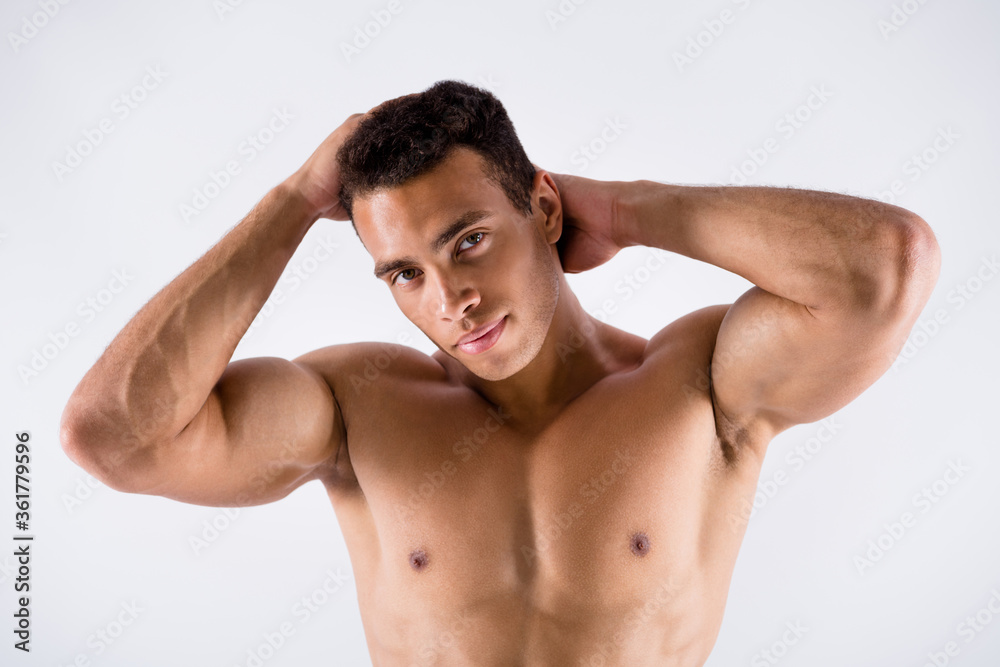 Close-up portrait of his he nice attractive groomed perfect sportive guy powerlifting touching hairdo washing shower bath gel lotion shampoo isolated on light white pastel color background