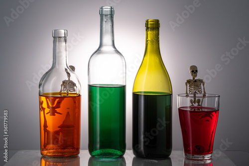 bottles of alcohol of different colors for bottles of skeletons