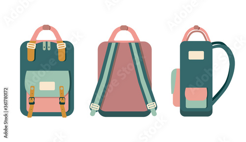 Hand drawn hipster doodle backpack in different projections:front,back and side isolated on white background.School decorative element.Back to school.Colorful pastel icon.Unisex bag for travelling. 
