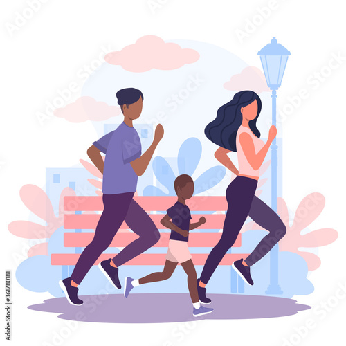 Family Running around in Park. Healthy Lifestyle. Happy father, mother and son. Sporty Characters for training, cardio exercising, marathon, city run, summer outdoor. Vector flat cartoon illustration.