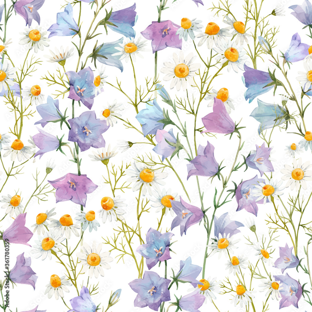 Beautiful vector seamless floral pattern with watercolor gentle summer bluebell and chamomile flowers. Stock illustration.