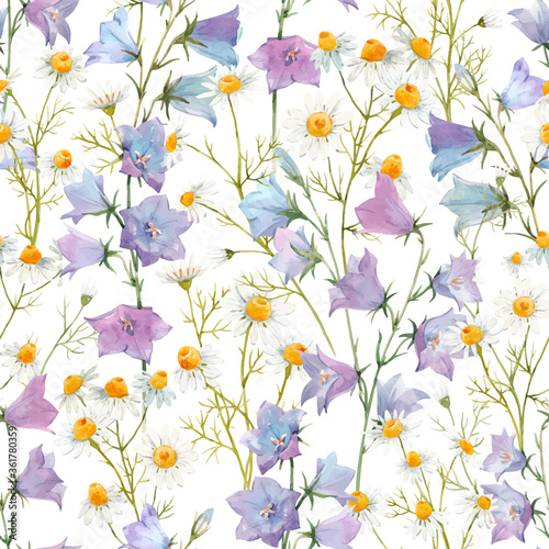 Beautiful vector seamless floral pattern with watercolor gentle summer bluebell and chamomile flowers. Stock illustration. © zenina
