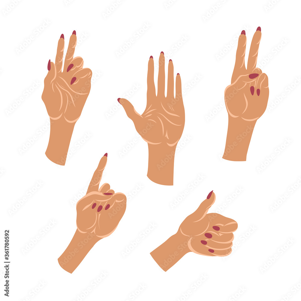 Set of communicative hand gestures. Collection of communication signs. Vector illustration.