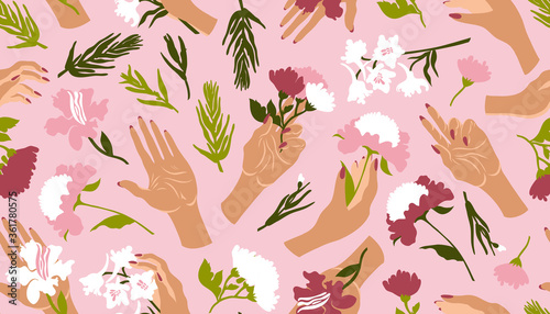 Seamless pattern on a floral theme. Hands hold, touch, feel the flowers. Surface design. Vector illustration.