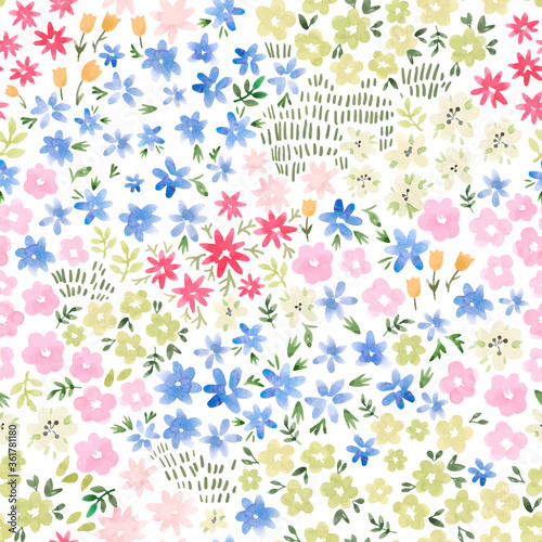Beautiful vector seamless floral pattern with watercolor gentle summer colorful flowers. Stock illustration.