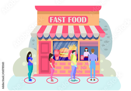 Queue at a fast food restaurant. The concept of a safe queue to the store. People stand at a safe distance from each other at the entrance to the. Social distance. Vector illustration in flat style.