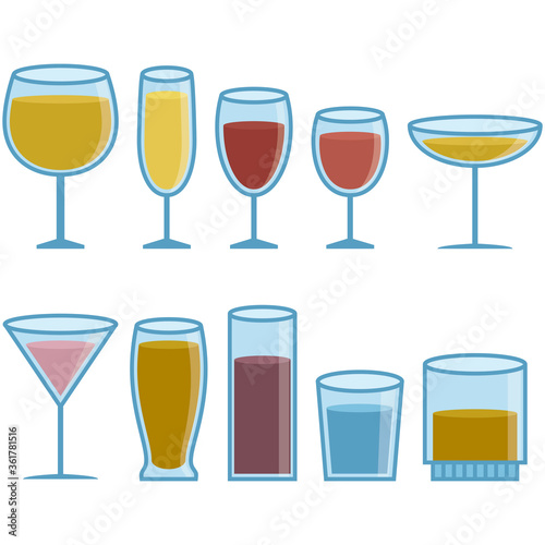 Glasses. Retro style illustration of a few glasses and cups with drinks.