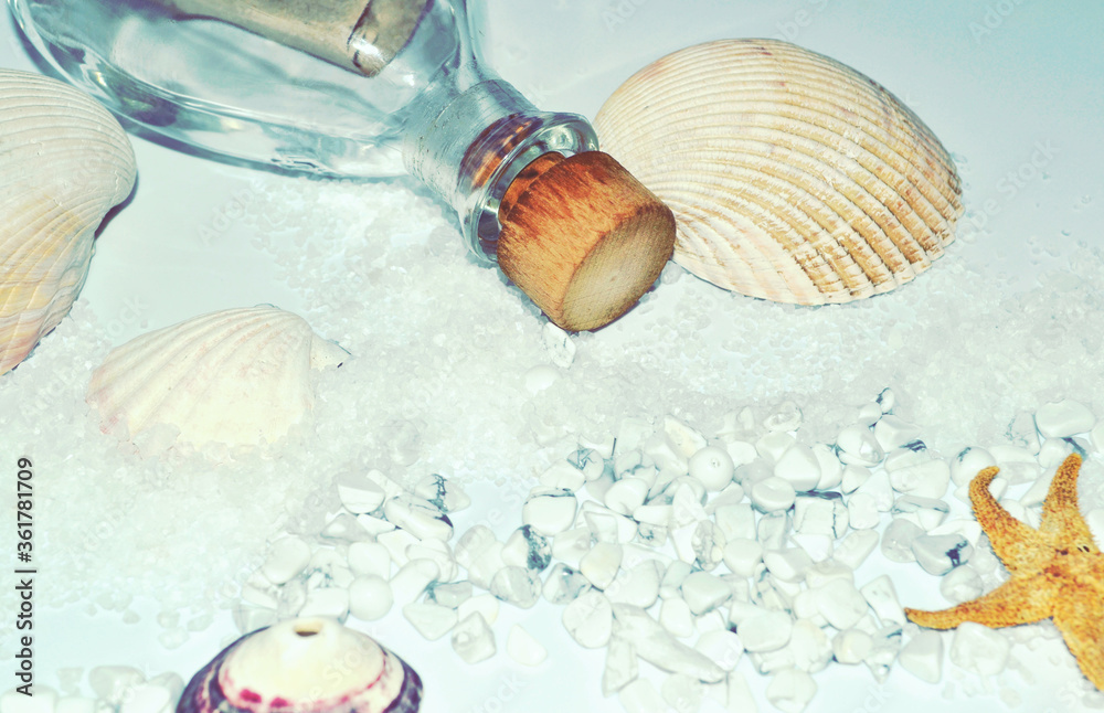 Aquatic still life with message in the vintage bottle, sea star and ...