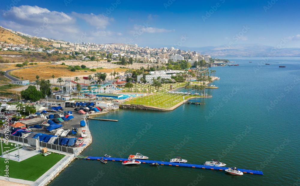 The city of Tiberias in Israel and the Sea of Galilee. A city without tourists during the coronovirus. Aerial view