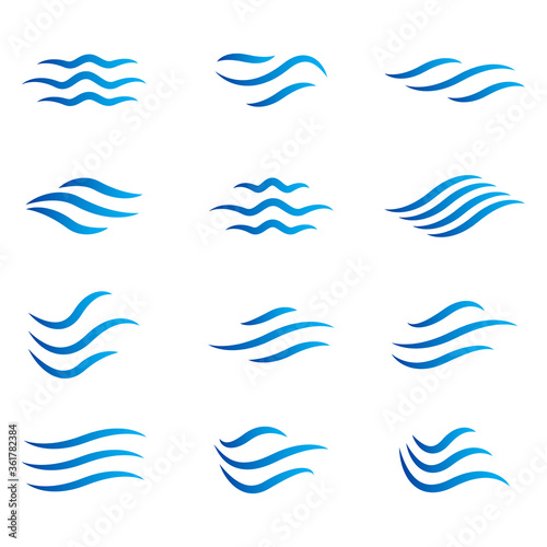 Water wave icon set. Vector symbols isolated on white background. Flat water wave icons for liquid sign, element design and logo template. Line style waves, vector illustration