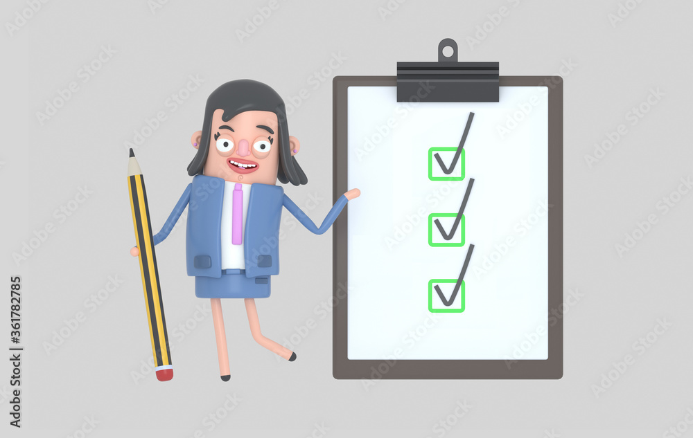 Businesswoman with a giant pencil next to a clipboard with checklist. Isolated. 3d illustration.