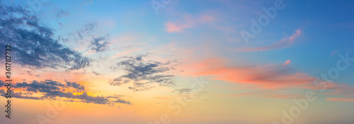 Panoramic Sunset Sunrise Sundown Sky with colorful clouds