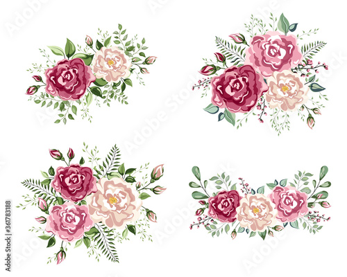 A floral arrangement in the shape of a corner of beautiful roses. Peach, creamy pale pink Anemone Poppy Rose flowers, berry Eucalyptus herb mix rustic floral