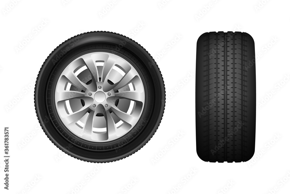 Obraz premium Car wheel vector illustration isolated on white background. Realistic Car tires