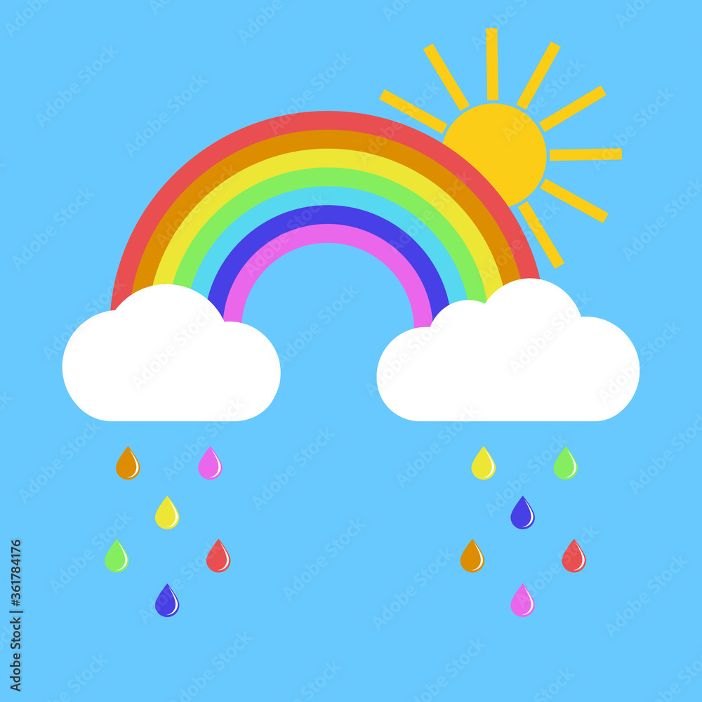 rainbow with clouds and sun on a blue background