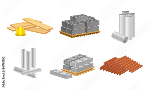 Building and Construction Materials Like Profiled Metal and Blocks Vector Set