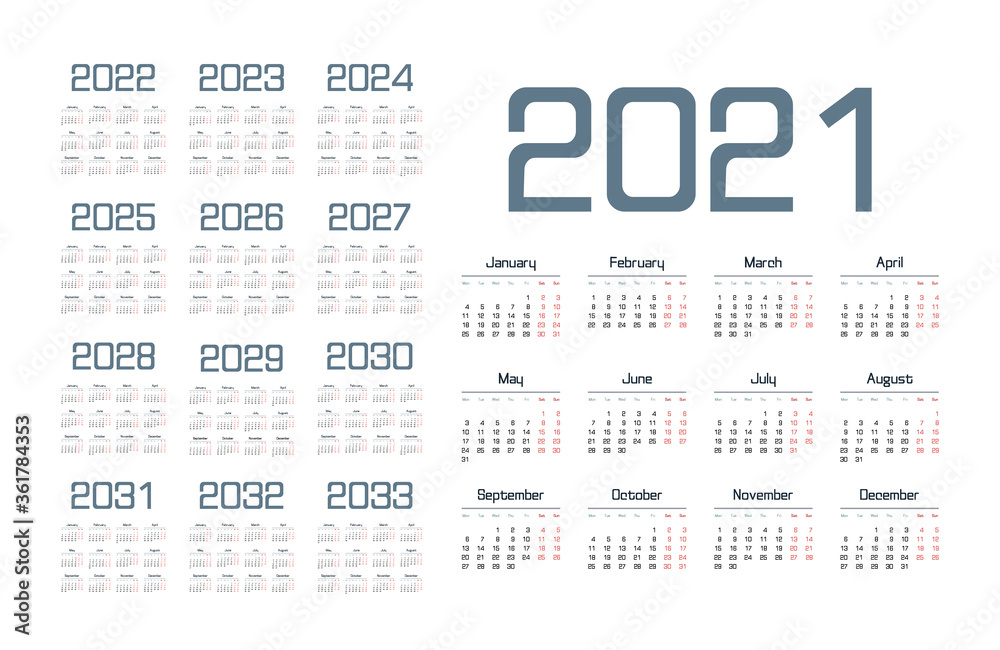 Simple calendar 2021 - 2033 on white background. Vector illustration Simple calendar 2021 - 2033 on white background. Vector illustration