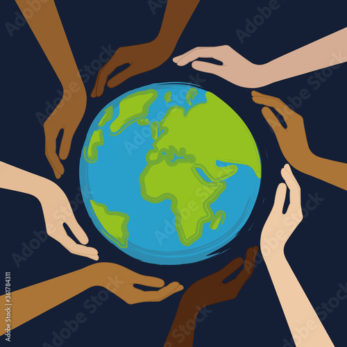 planet earth in the middle of human hands with different skin colors vector illustration EPS10