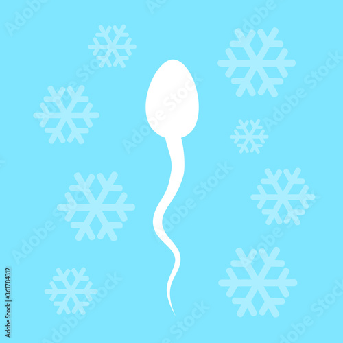 Sperm freezing - male semen is preserved and stored to keep fertility and aability to reproduce, fertilize and impregnate. Vector illustration with blue icy and cold snowflake.
