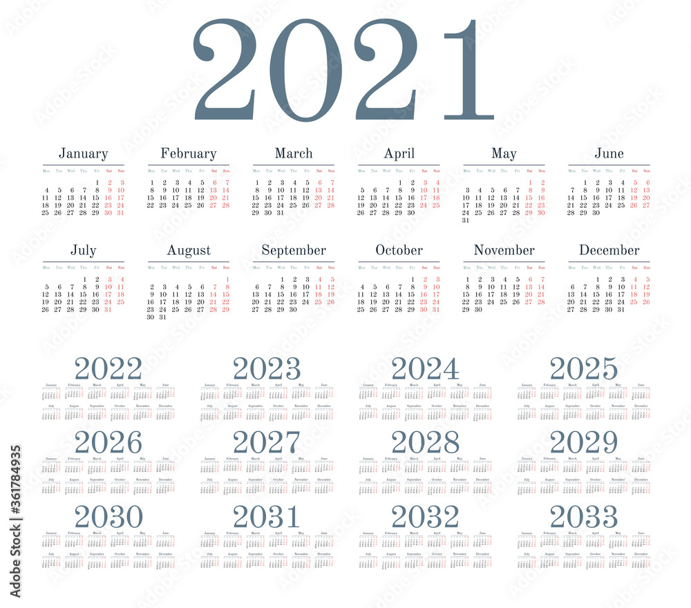 Simple calendar 2021 - 2033 on white background. Vector illustration