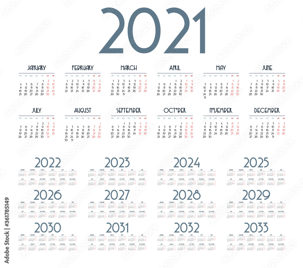 Simple calendar 2021 - 2033 on white background. Vector illustration