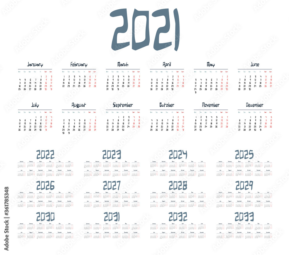 Simple calendar 2021 - 2033 on white background. Vector illustration Simple calendar 2021 - 2033 on white background. Vector illustration