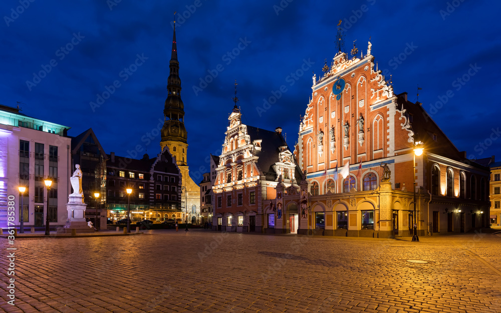 The Black Head Houses at night in Riga
