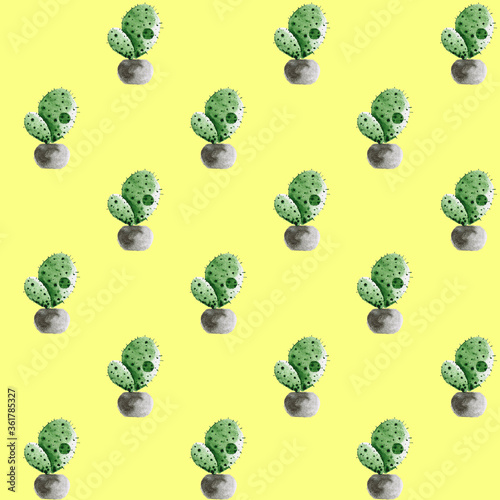 Seamless pattern with watercolor cactus in a pot. isolated on a yellow