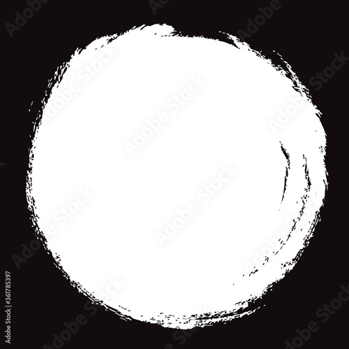 Grunge circle brush stroke isolated on black background. White paint grunge circle. Brush stroke vector. For round ink and banner design. Round paint grunge circle. Hand drawn paintbrush shape, vector