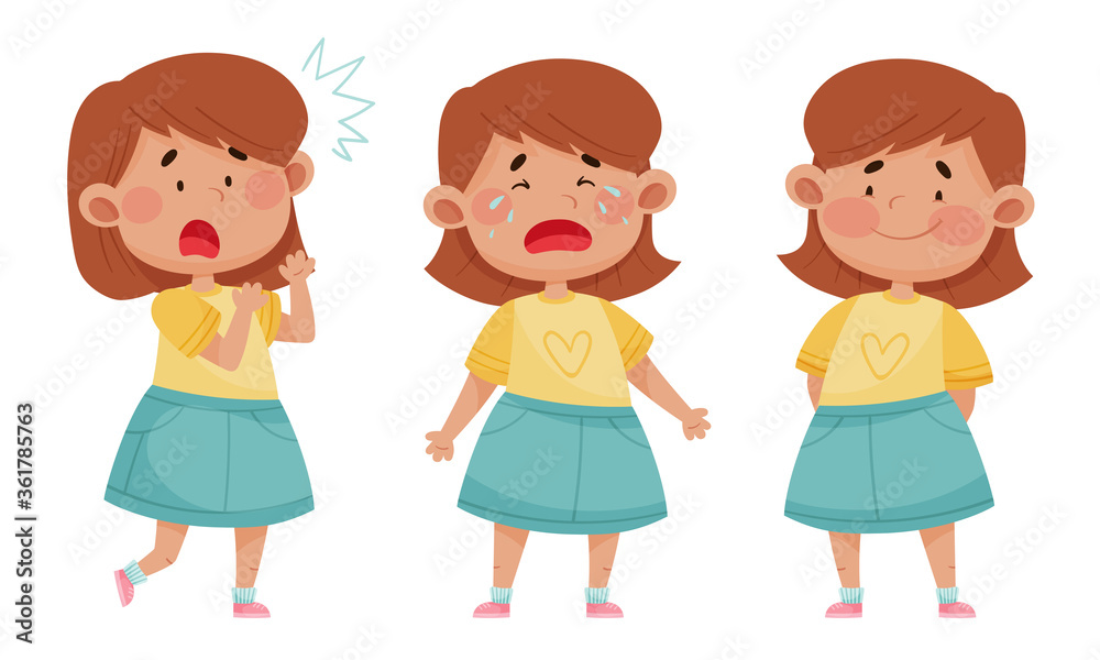 Emoji Girl with Different Face Expressions Like Scared and Happy Face Vector Set