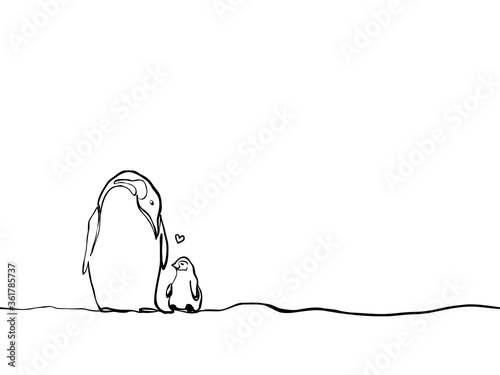 simple childish hand dawn continuous lines art of mother sea penguin and  kid giving a love message for mother or father's day or other, element for card, background, wallpaper etc. vector design