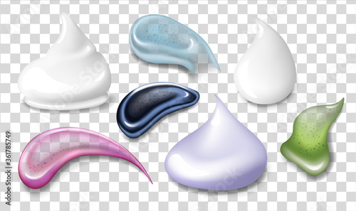 Different skin care products swatches on grey background. Cream, scrub, gel, mask samples, vector illustrations set in realistic style. Beauty and makeup
