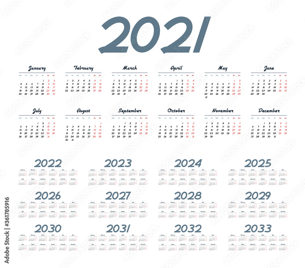 Simple calendar 2021 - 2033 on white background. Vector illustration Simple calendar 2021 - 2033 on white background. Vector illustration