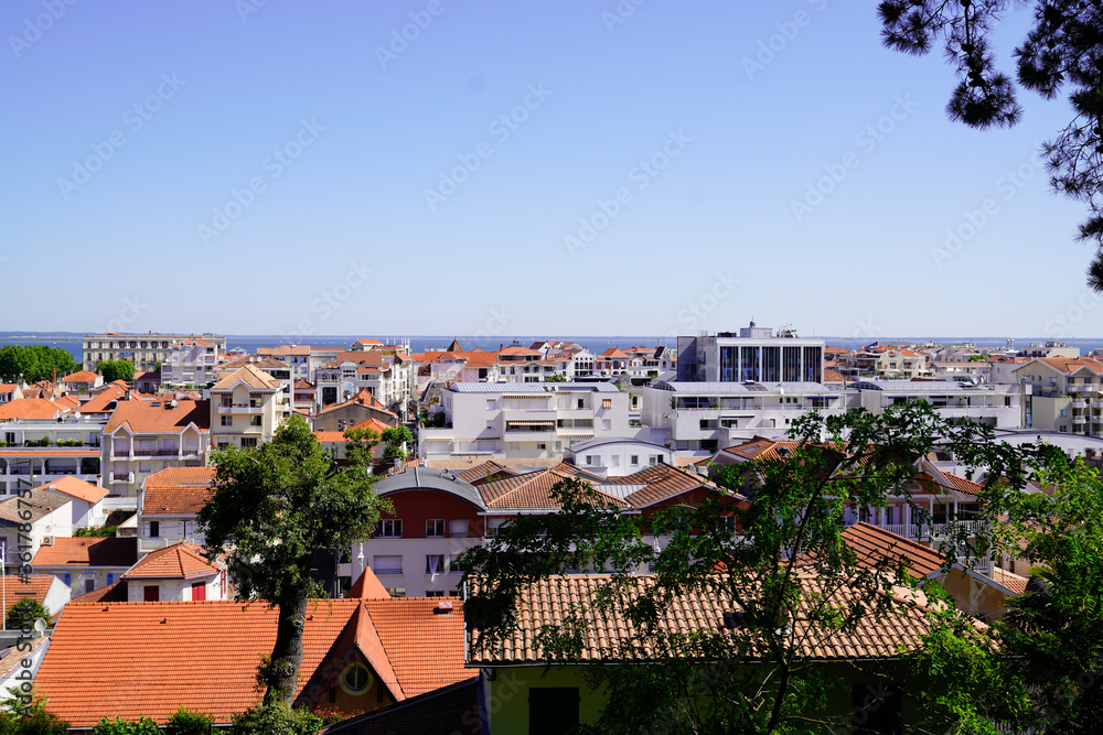 Arcachon city in southwest france in top view from winter town parc