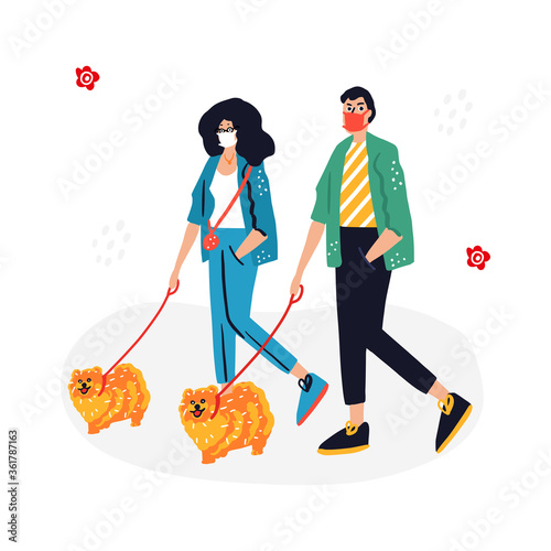 People walking dogs using protective masks. Spitz dogs. illustration.