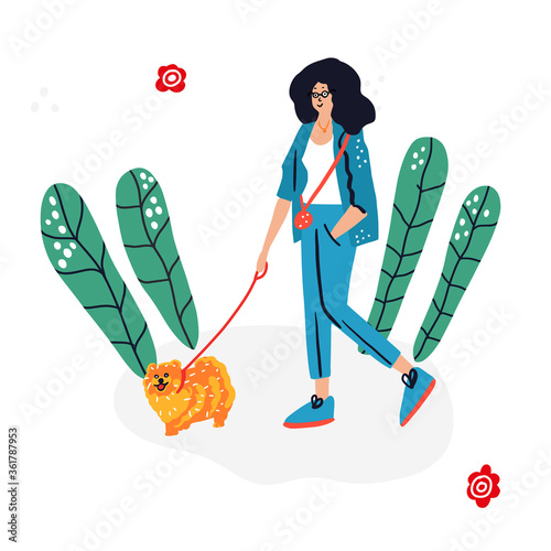 Woman walking Spitz dog. Cute hand drawn vector illustration