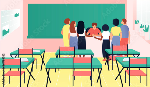Students gathered around the teacher's desk. The teacher and students discuss their grades. Youth lifestyle. Teenagers with different skin colors. Flat vector cartoon illustration.