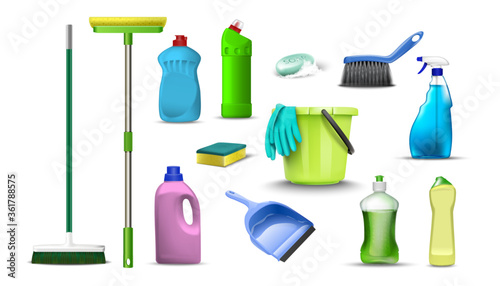  vector collection of household cleaning products. Isolated on white background.