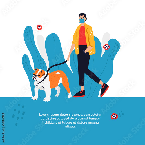 Man in mask walking dog keeping social distance. Cute hand drawn vector illustration. Personal dog walker.