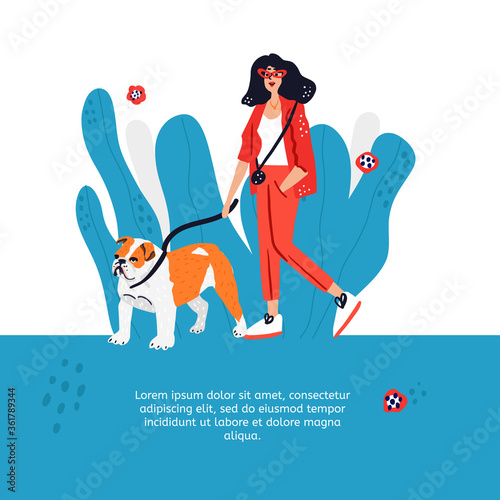 Woman walking dog. Cute hand drawn vector illustration.