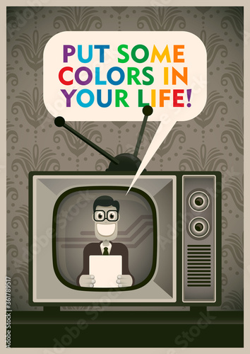 Vintage illustration of a comic anchorman on TV. Vector illustration.