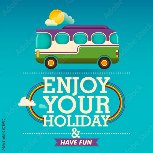 Comic style traveling poster with bus. Vector illustration.
