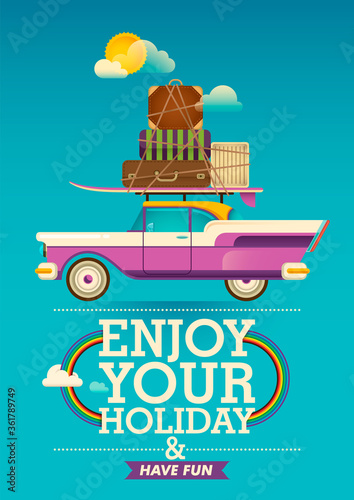 Comic style traveling poster with car. Vector illustration.