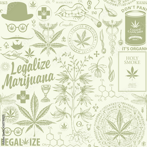 Legalize marijuana. Seamless pattern in retro style with hemp leaves, cannabis plant, hipster face, caduceus and other sketches. Vector repeatable hand-drawn illustration on a light green background