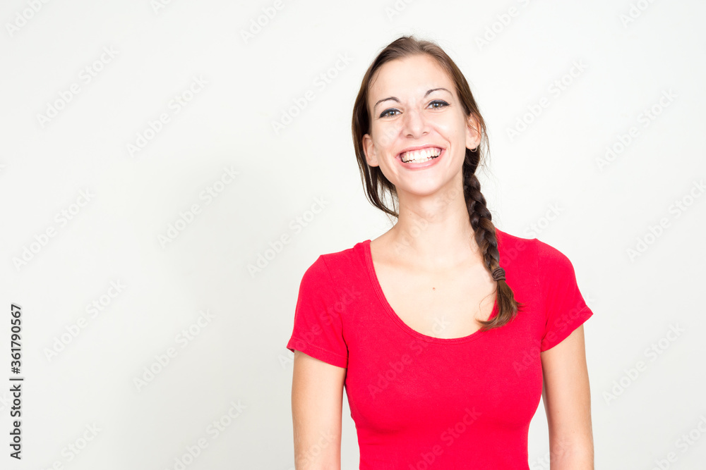Portrait of happy young beautiful woman with brown hair smiling Portrait of happy young beautiful woman with brown hair smiling