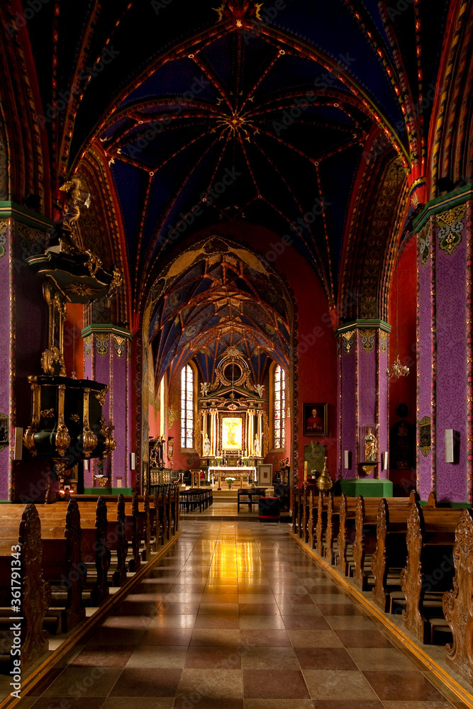 The interior of a Gothic church, Poland.