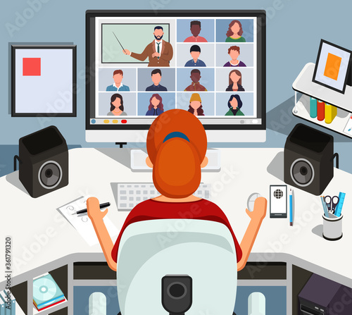 Girl watching lesson online and studying sitting at her desk at home.  Young student taking notes while looking at computer screen. Video conference call on laptop. . Distance education concept vector