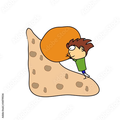 Man rolls a stone up the mountain. Overcoming an obstacle. Scramble concept. Hand drawing color vector illustration modern